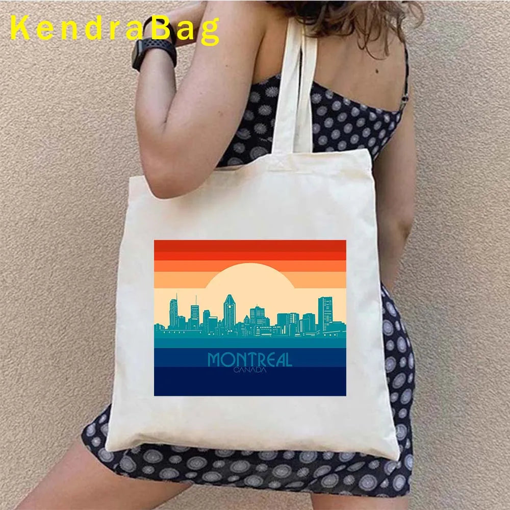 Canadian City Landscape Cotton Canvas Tote Bag | Happy Canada Day Tourist Gift | Reusable Eco-Friendly Shoulder Handbag (Women) Luxegan