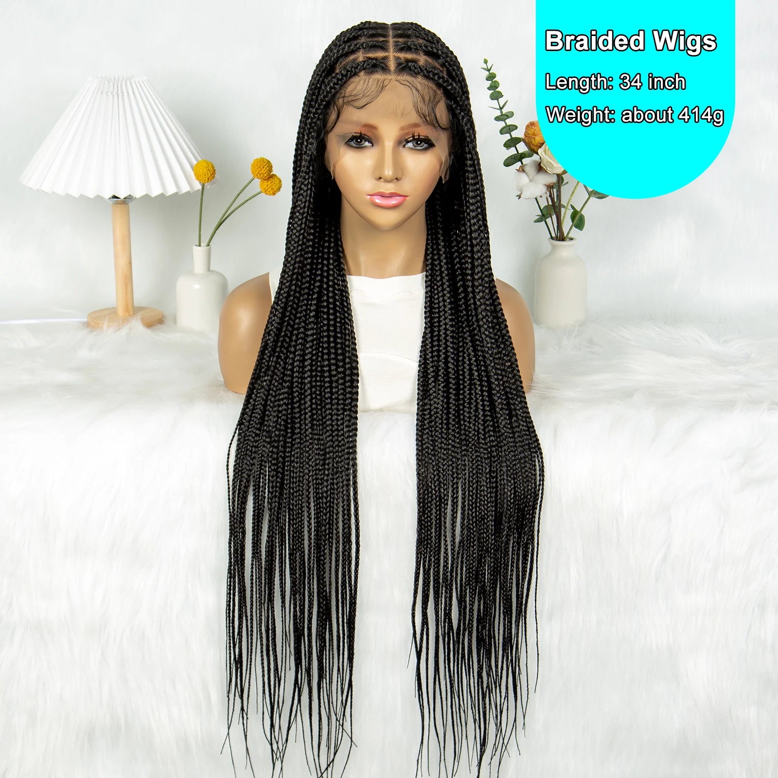 KIMA 34" Straight Box Braids Wig | Transparent Full Lace & Cornrow Detail Luxegan