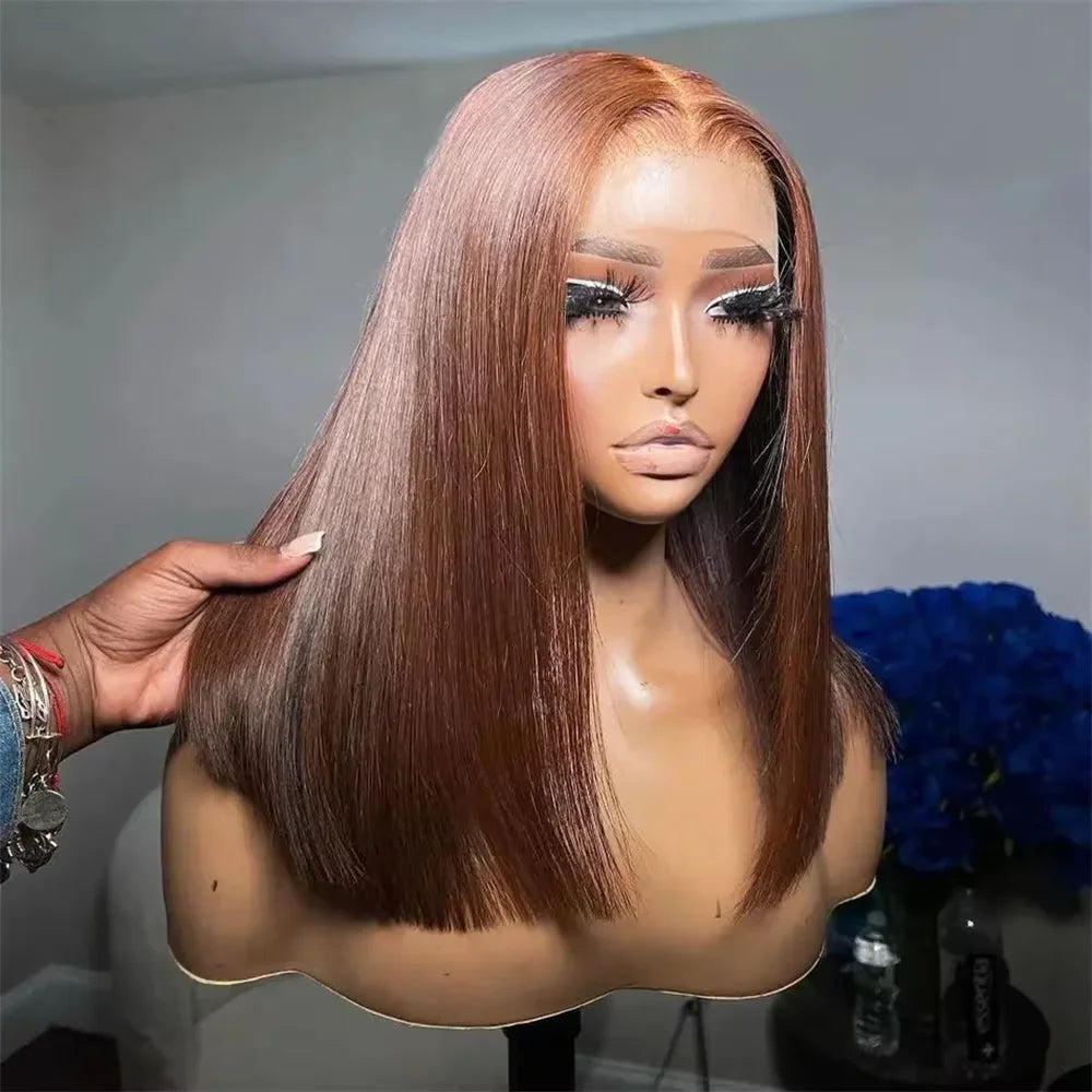 Vietnamese Straight Double Drawn Bob Wig | Sophisticated Chocolate Brown 100% Human Hair | Elegant "13x4 Full Lace Frontal" Silhouette | "Dignified" Transparent Swiss Lace for Radiant Versatile Styling Luxegan