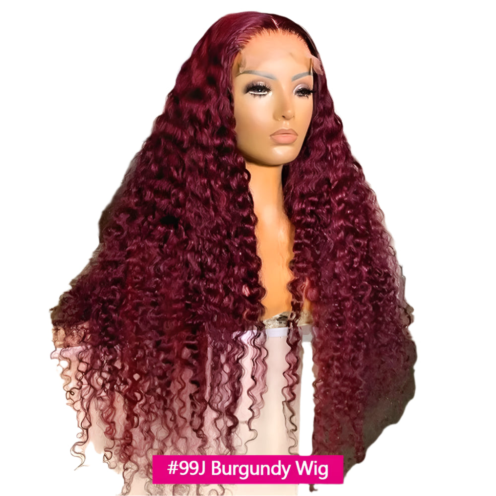 30" Curly Burgundy & Chocolate Brown 13x6 HD Lace Frontal Wig | 99J Colored Human Hair Wig for Women | Deep Wave Luxegan