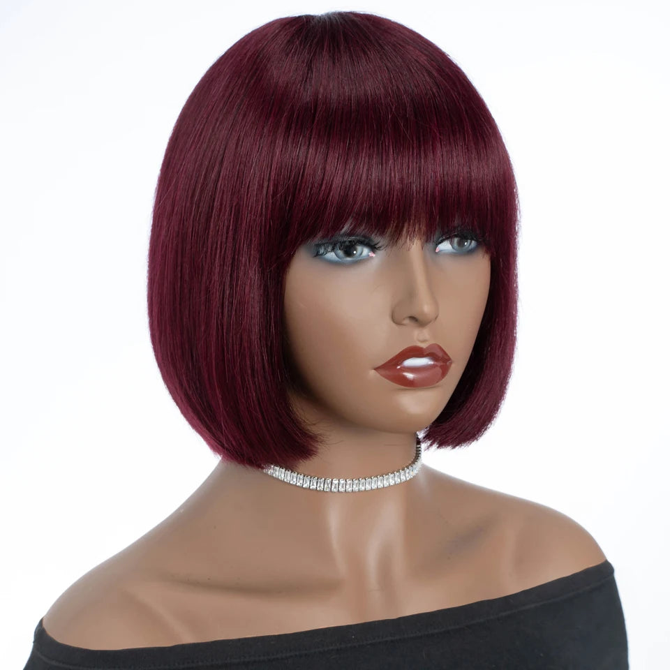 Sleek 613 Blonde Bone Straight Short Bob Human Hair Wig with Bangs | Glueless Full Machine-Made Brazilian Remy Human Hair Wig | Premium 10-Inch Classic Fringe Bob for Women Luxegan