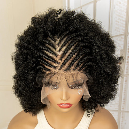 Premium Full Lace Afro Braided Wig - 8 Inch Short Kinky Curly Cornrow Braids Wig with Baby Hair - Natural Look - Luxegan