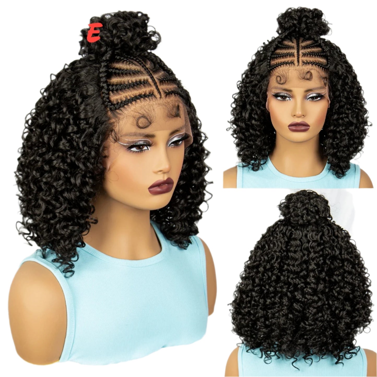 16" Cornrow Braids Wig with Afro Kinky Curly Ends | Knotless Lace Front | Baby Hair Luxegan