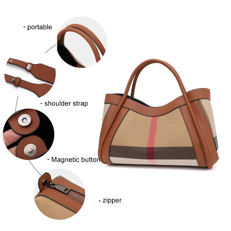 Retro Checkered Luxury Handbag | Large Capacity Canvas & Cowhide Patchwork Tote | Fashion Plaid Shoulder Bag with Secure Hasp Closure Luxegan