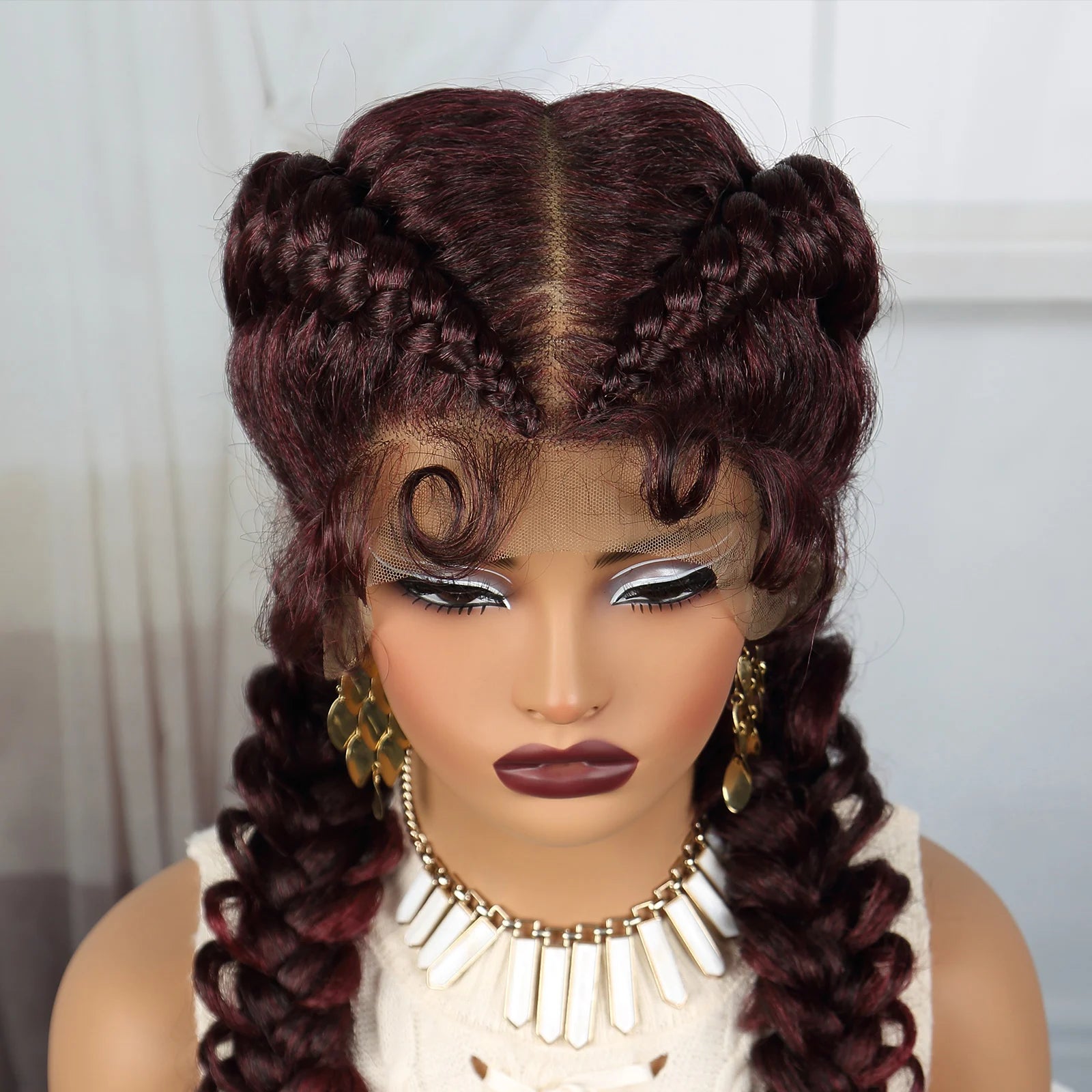 36" Burgundy Twist Cornrow Braids Wig | 99J | Lace Frontal | Baby Hair Luxegan