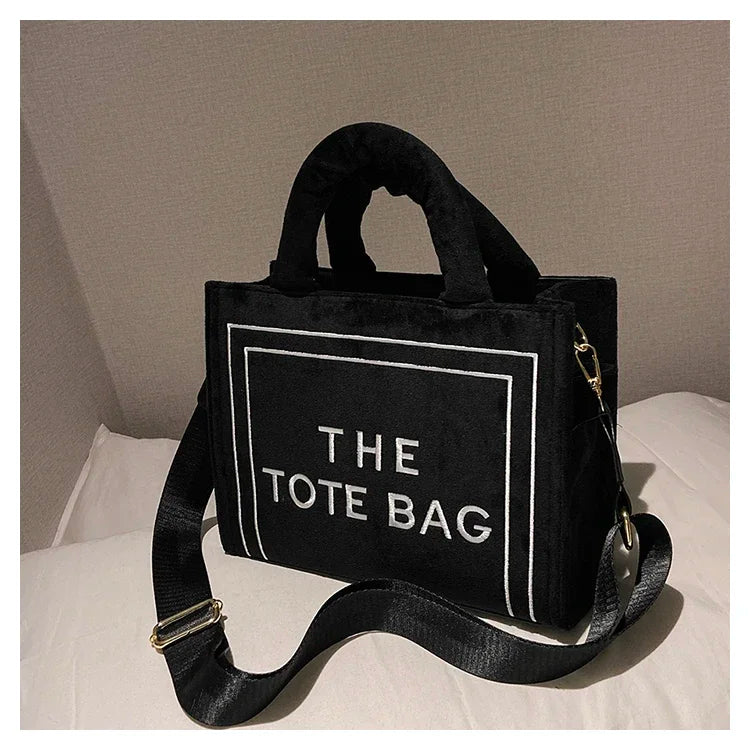 Khaki Velour Letter Print Tote Bag | Soft Medium Shoulder Shopper Luxegan