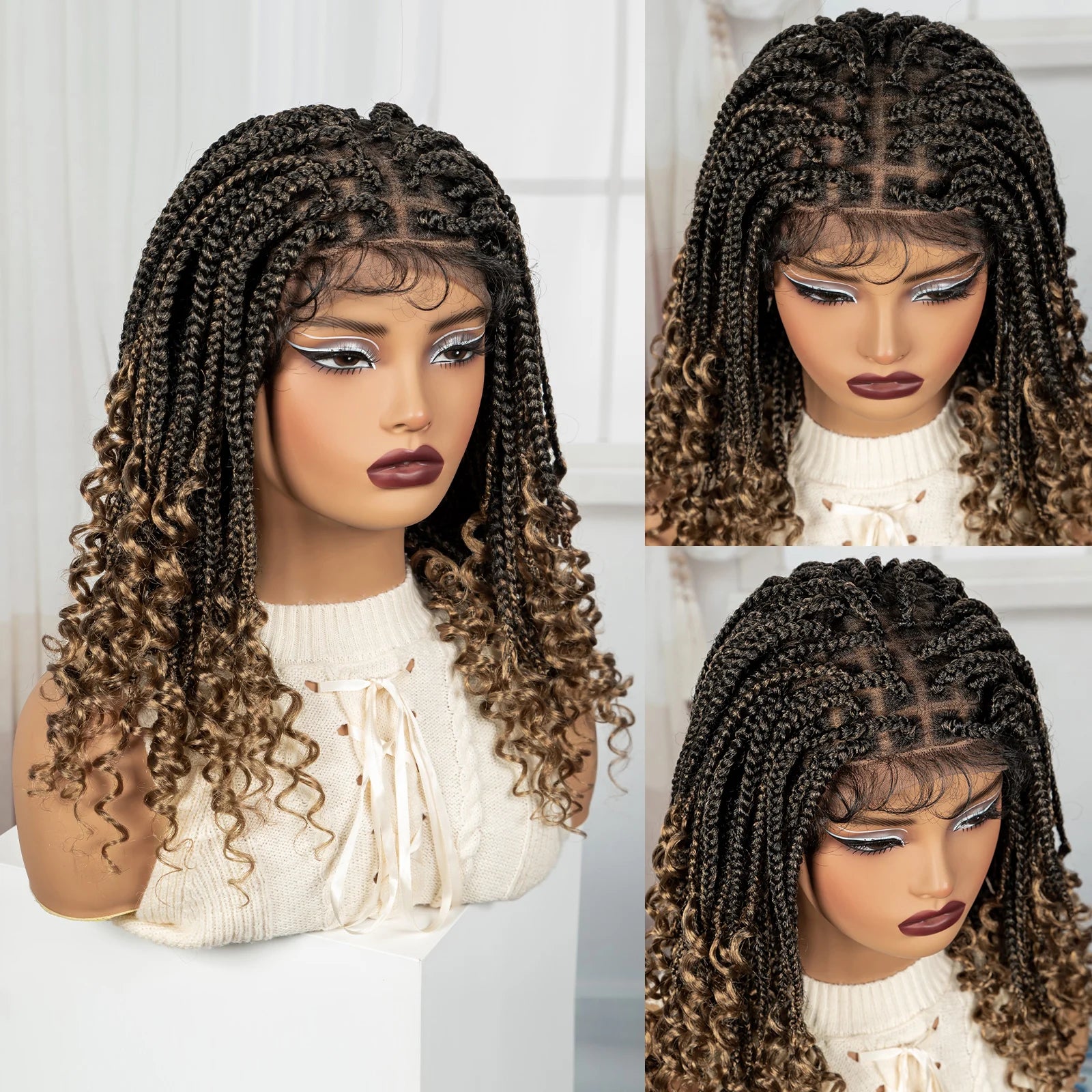 Burgundy Boho Knotless Braids Bob Wig with Curly Ends | Full Lace Luxegan