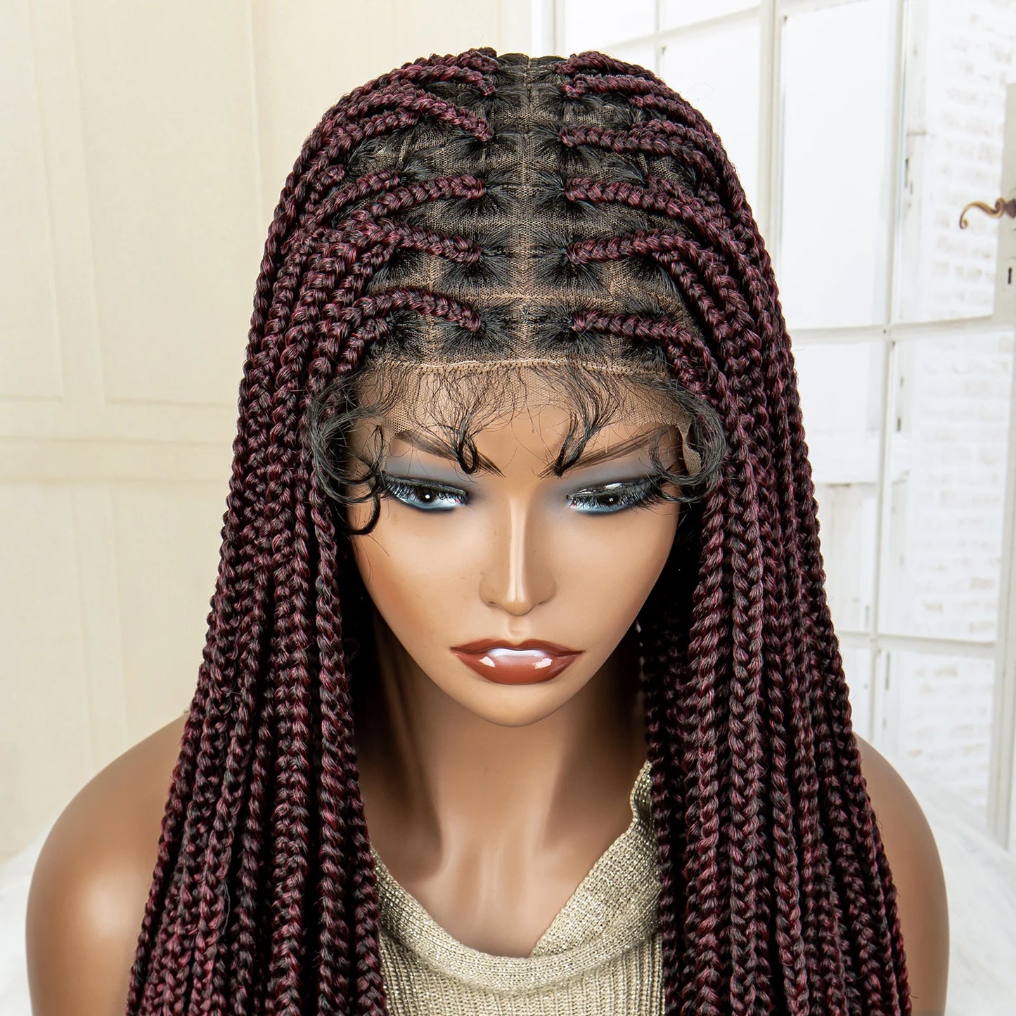 36" Long Knotless Braided Wig - Full Lace, Cornrow Accents, Baby Hair - For Black Women