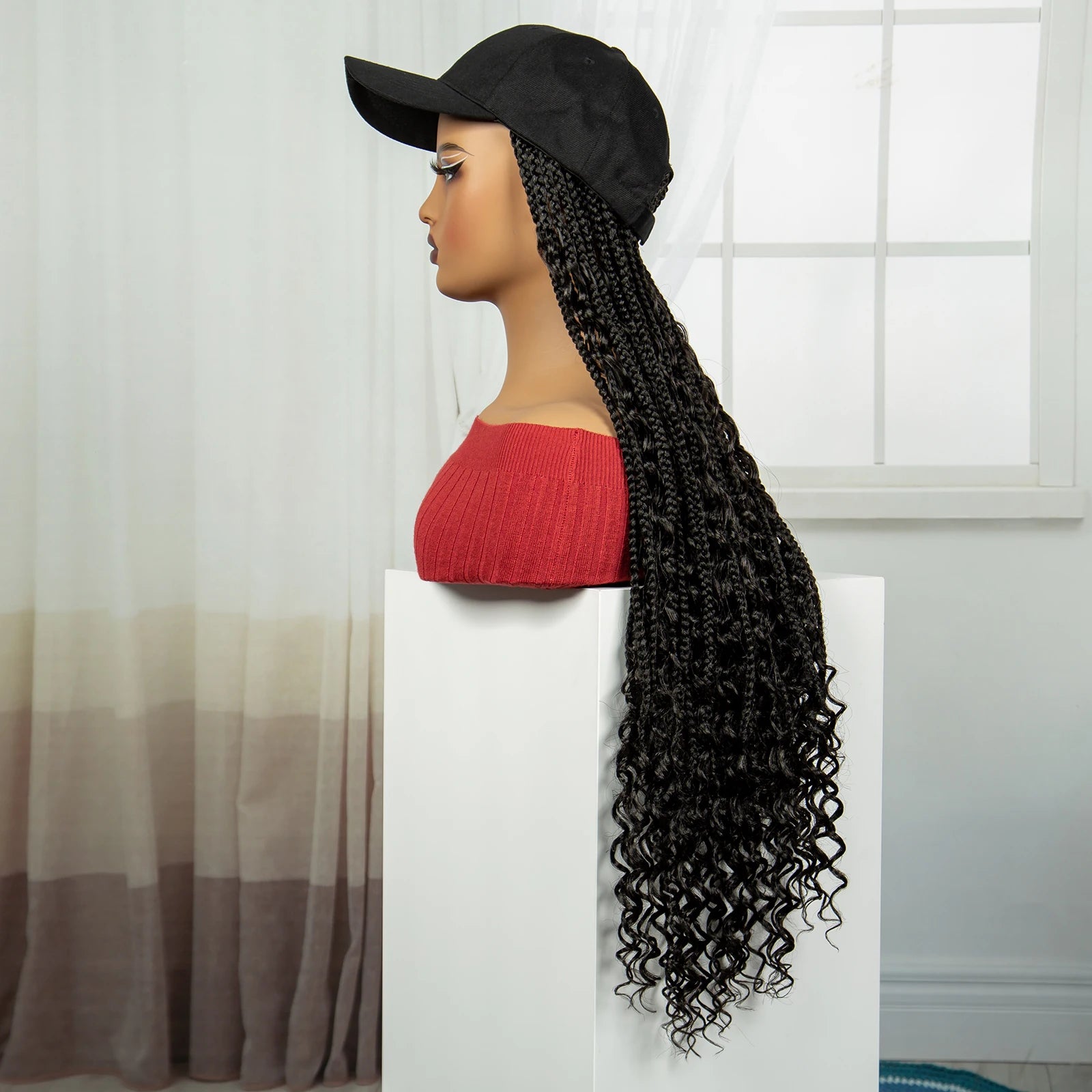 28" Curly Knotless Box Braids Hat Wig | Synthetic Baseball Cap Wig Luxegan