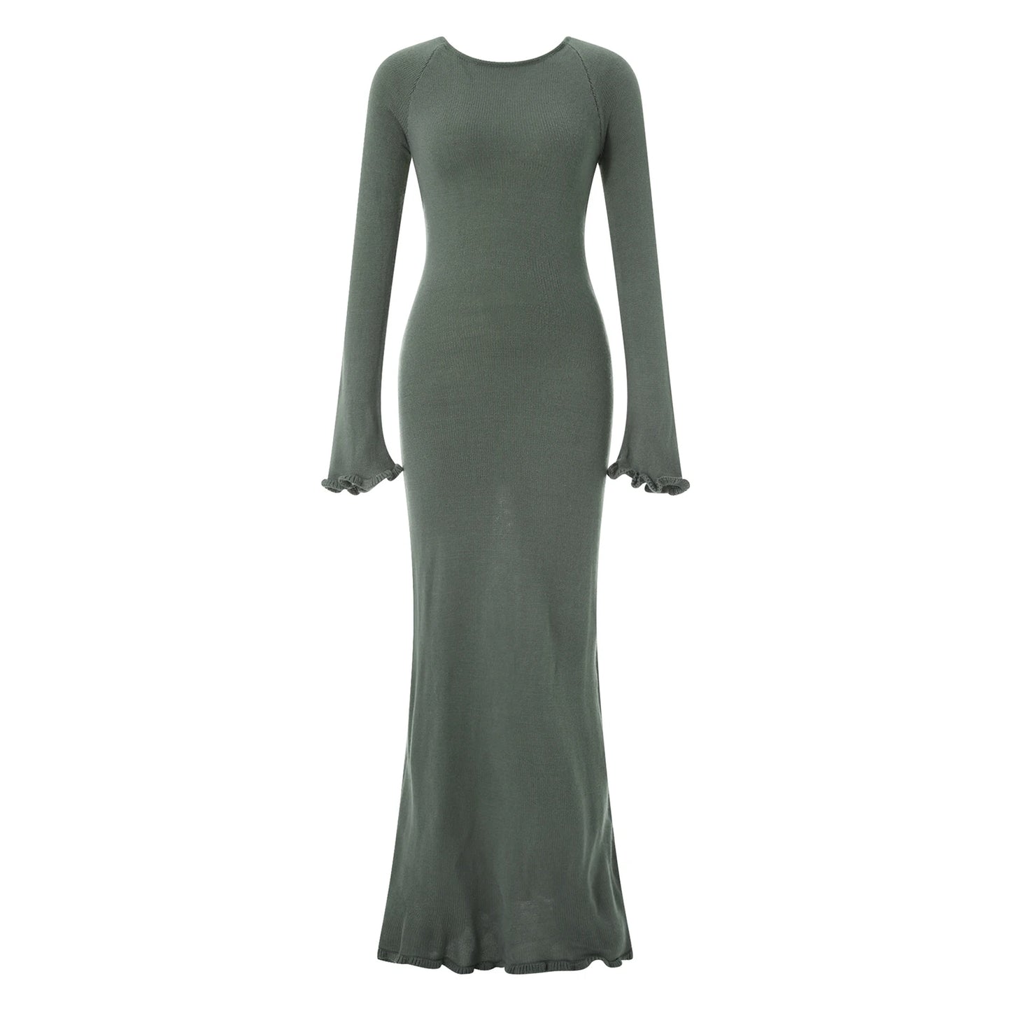 Women's Elegant Knit Backless Long Dress | Slim Fit Round Neck Ruffle Trim Bodycon Dress | Autumn & Winter Long Sleeve Ankle-Length Sheath Dress | Luxury Solid Color Winter Gown Luxegan