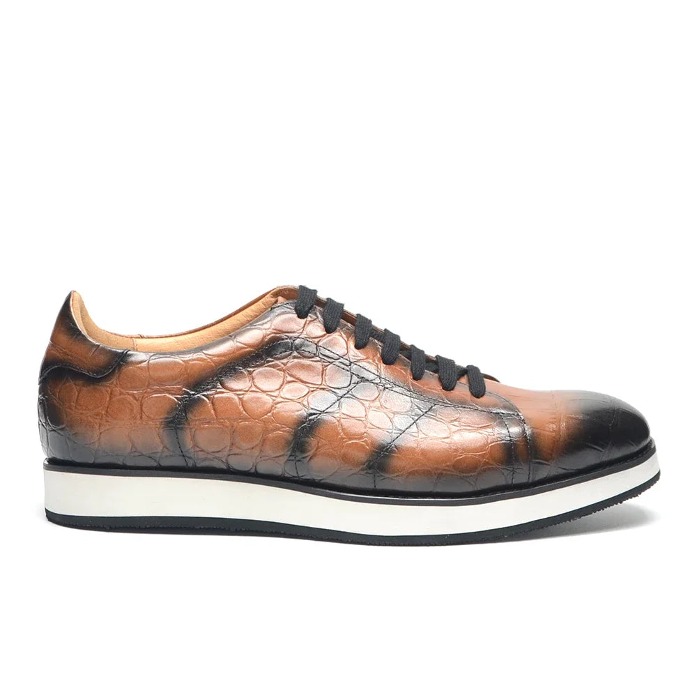 Men's Fashion Casual Sneakers | Genuine Cowhide Leather Crocodile Pattern Skateboard Shoes (Lace-up, Non-slip) Luxegan