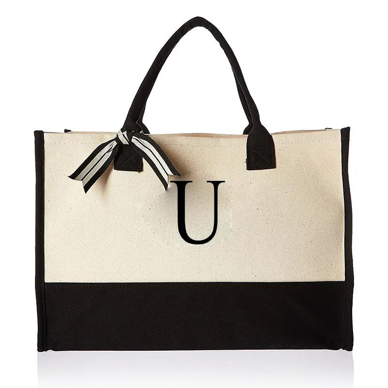 Fashion Floral & Letter Print Canvas Tote | Large Capacity "HARD" Structured Business Handbag | Portable Beach & Shopping Shoulder Bag | Unisex Casual Multi-Purpose Tote Luxegan