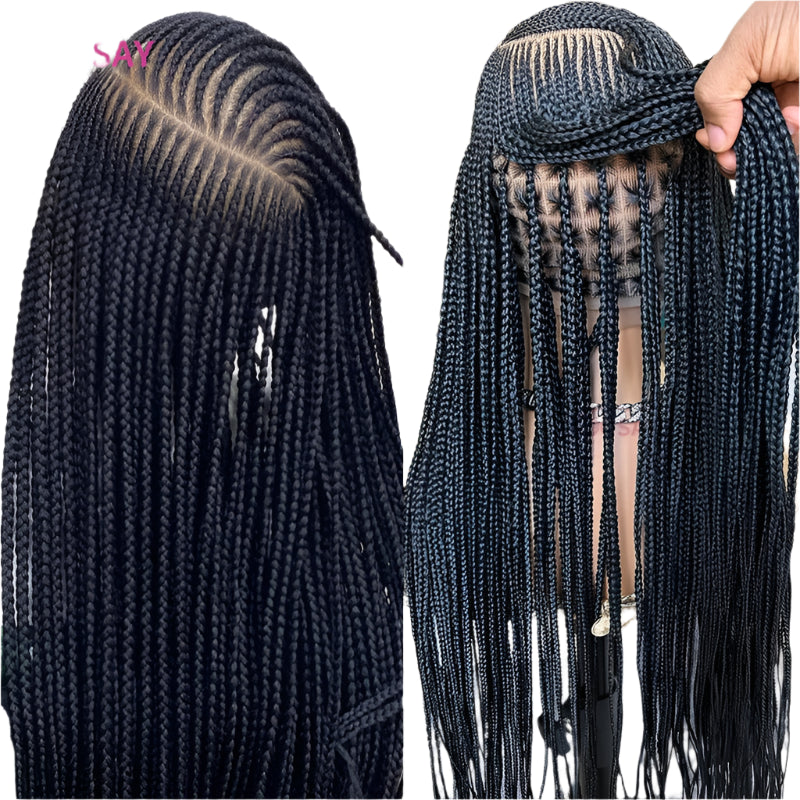 36" Blonde Cornrow Box Braided Wig | 613 Synthetic | Full Lace Front | Side Part | For Women