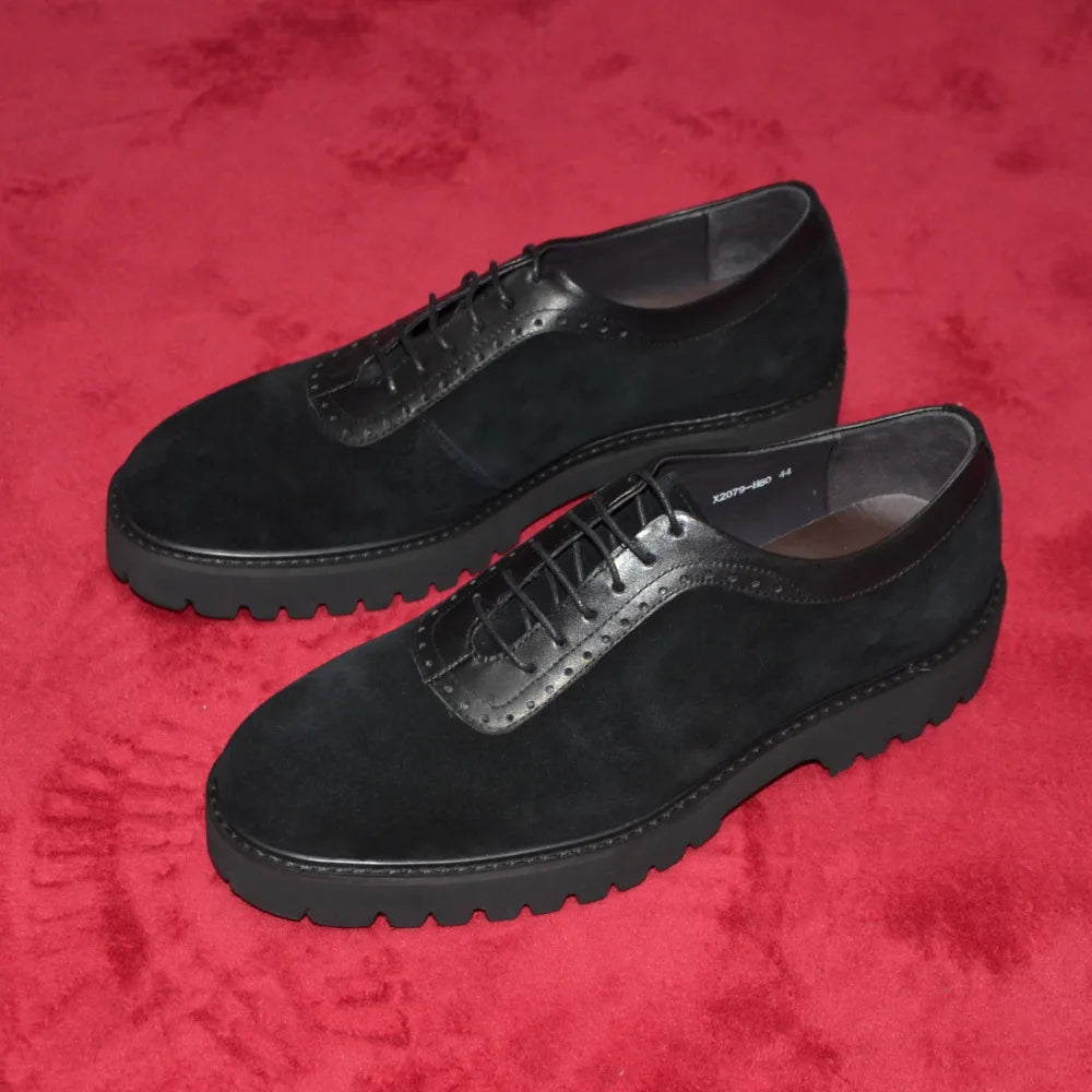 Designer Luxury Platform Oxfords for Men | Cow Suede Genuine Leather Black & Blue Casual Sneakers (Height Increasing) Luxegan