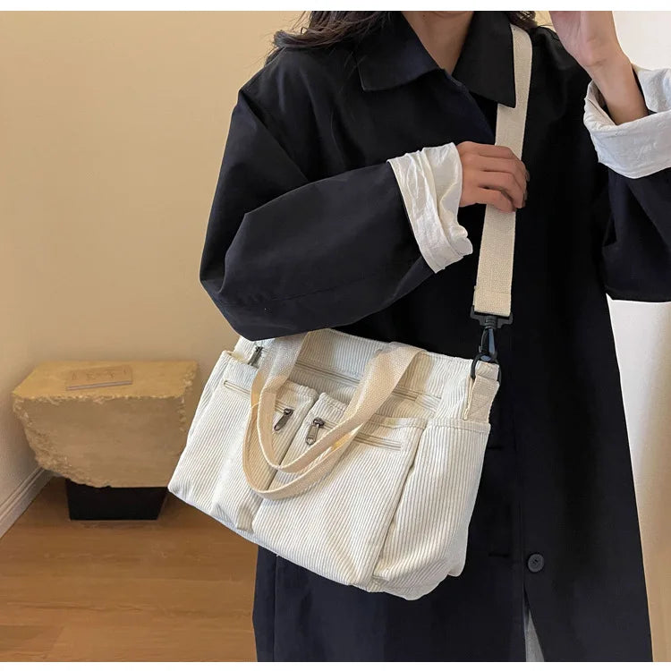 Female Large Capacity Corduroy Tote Bag | New Korean Style Fashion Women's Shoulder Crossbody Bag (Worker Commuter Handlebag)