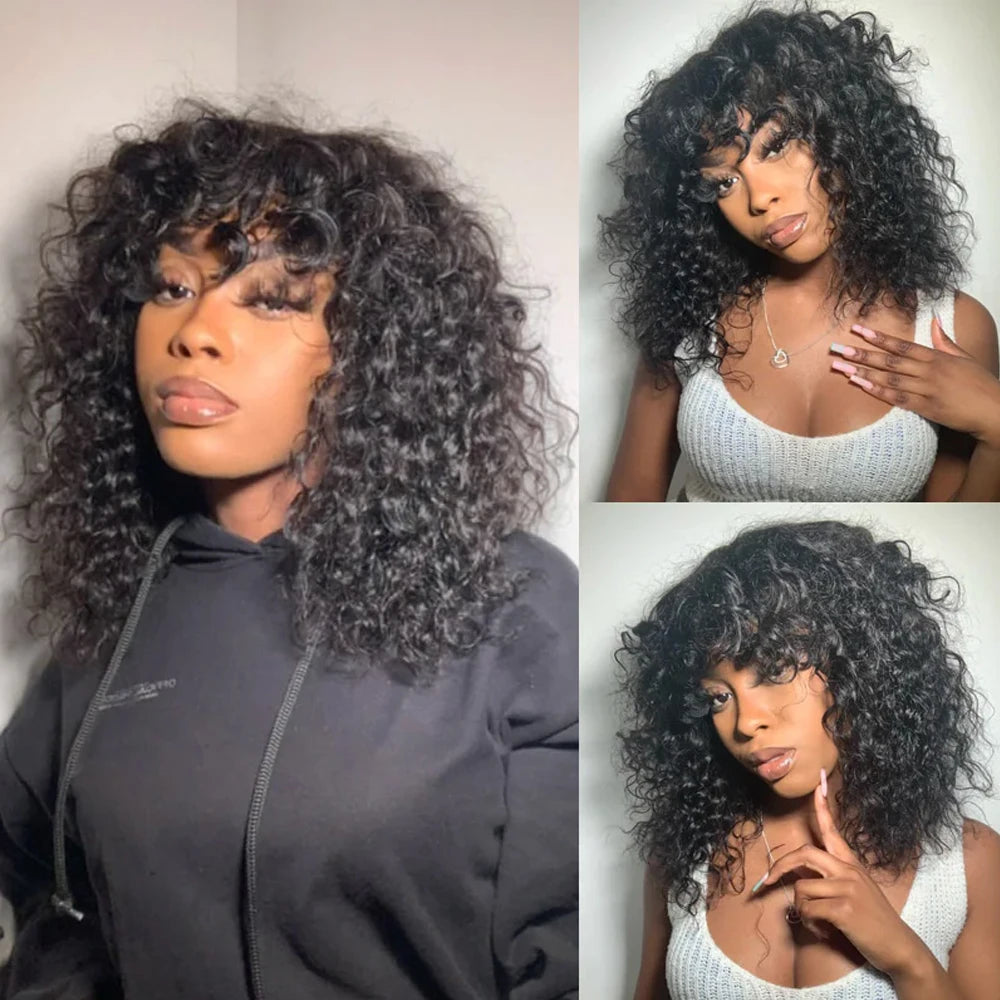 Short Bouncy Curly Bob Wig with Bangs | Glueless Human Hair Wig | Brazilian Remy Hair
