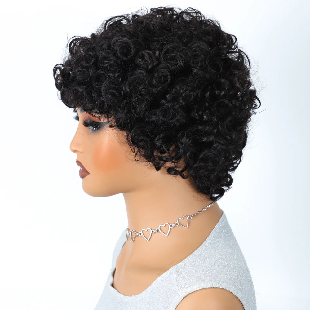 Sleek Short Pixie Afro Kinky Curly Human Hair Wig | Glueless Natural Brown Bob with Bangs Luxegan
