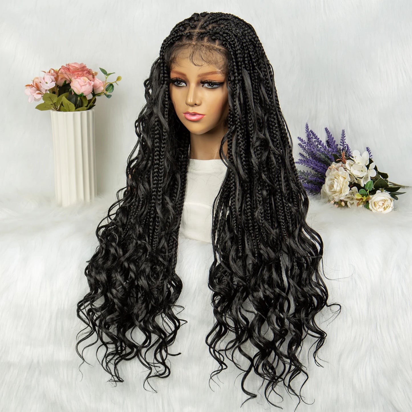 34" Full Lace Knotless Braided Wig with Baby Hair | Synthetic Lace Front Wig for Black Women | Long Braids Luxegan