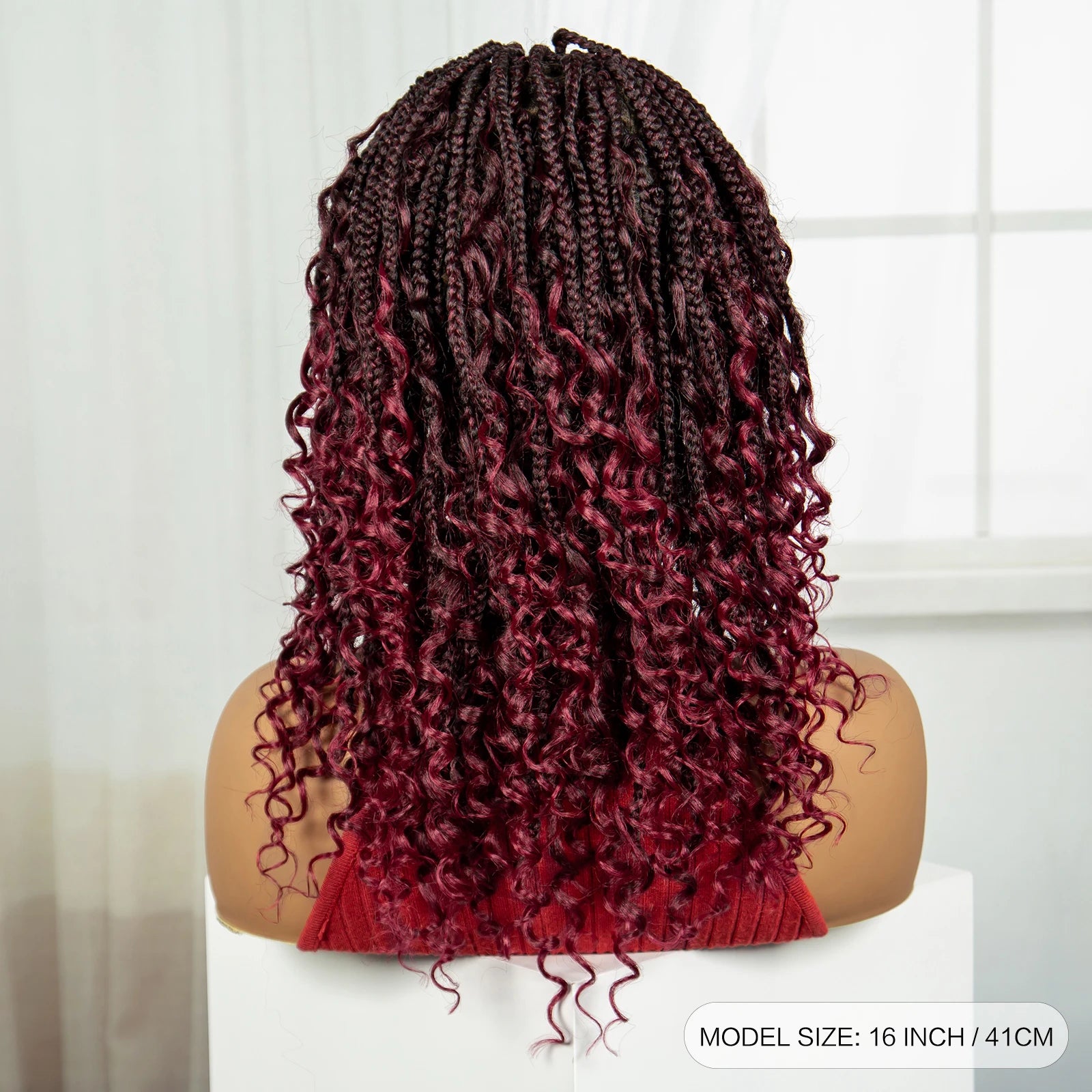 Burgundy Curly Ends Knotless Braids Bob Wig | 99J | Full Lace | Boho Style Luxegan