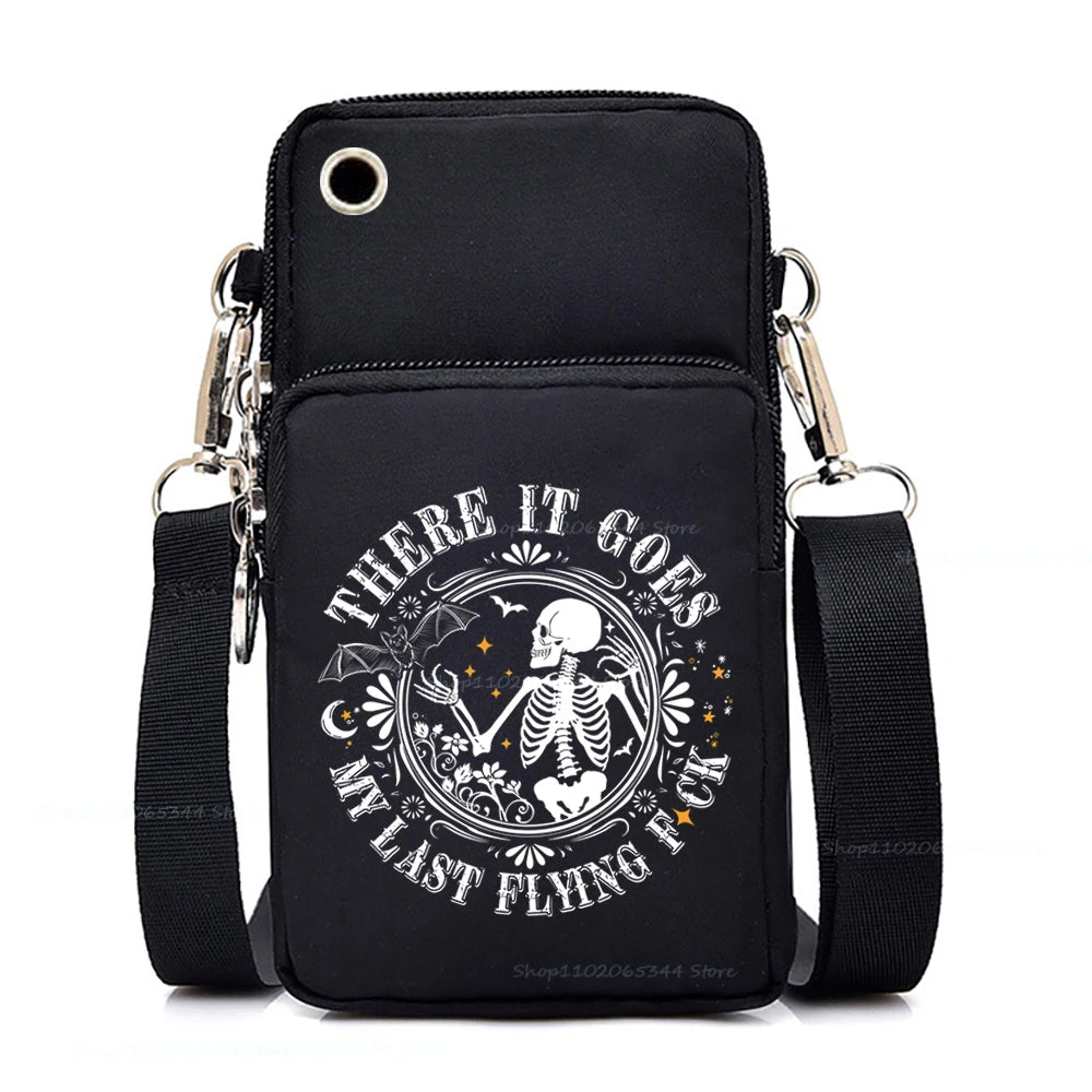 "Dead Inside But Love Cats" Shoulder Bag | Sophisticated Funny Vintage Skeleton Purse | Elegant Cartoon-Print Mobile Phone Bag | "Dignified" Soft Nylon Mini-Handbag for Versatile Casual Styling Luxegan