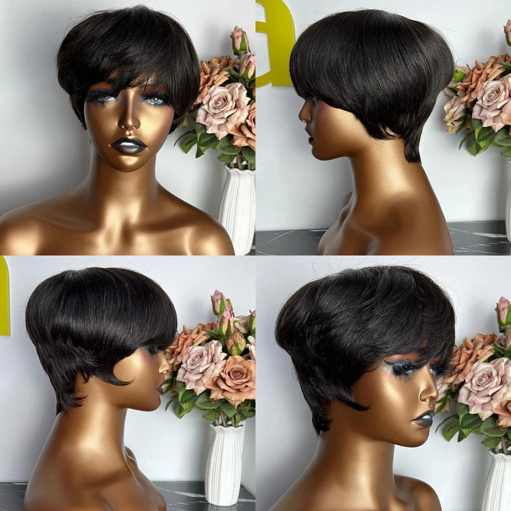Short Pixie Cut Wig Human Hair | Machine Made Wig with Bangs | Brazilian Remy Hair | Pixie Wig for Black Women