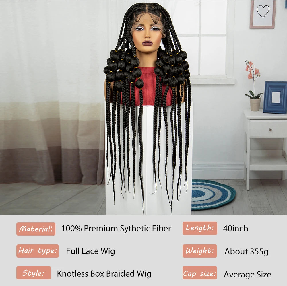 Natural 40 Inch Long Synthetic Full Lace Braided Wig | Handmade Knotless Bantu Braids Lace Wig with Baby Hair for Women Luxegan