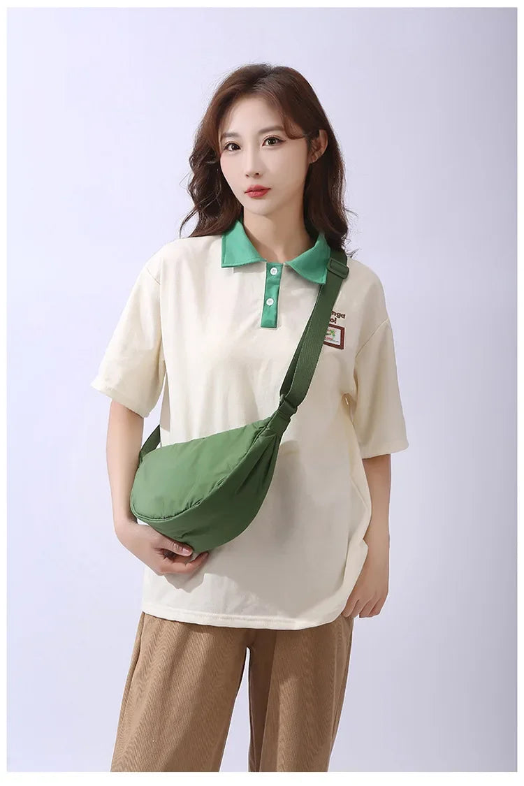 Simple Solid Color Nylon Padded Crossbody Bag | Portable Female Travel Purse & Shoulder Handbag (Messenger Style) Luxegan