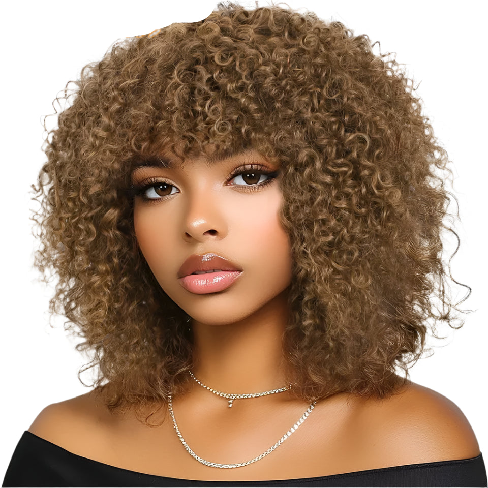 250% Density Blonde Highlight Sassy Curly Wig with Bangs | Glueless Brazilian Afro Kinky Remy Human Hair Luxegan