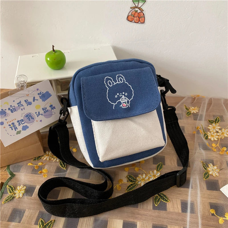 Korean Fashion Canvas Shoulder Bag | Small Messenger Crossbody for Girl Students | Sophisticated Cartoon Aesthetic Cotton Cloth Handbag | Fashion-Forward Square Canvas Bag for Daily Study & Leisure