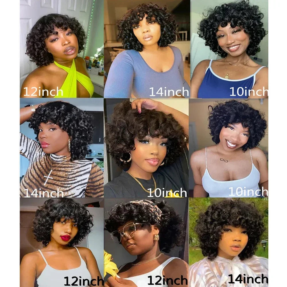 Short Curly Bob Wig Human Hair with Bangs - Glueless Funmi Curly Wig, Brazilian Remy Hair, Ready to Go