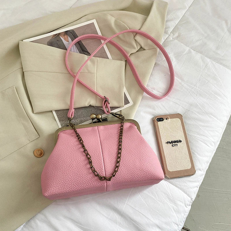 Vintage PU Shell Bag | Lychee Pattern Clip Chain Shoulder & Crossbody Luxegan