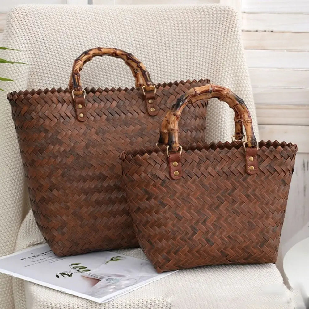 Women's Woven Large Capacity Bamboo Handle Handbags | Crochet Bag & Casual Female Shopping Tote (Vacation Beach Bag) Luxegan
