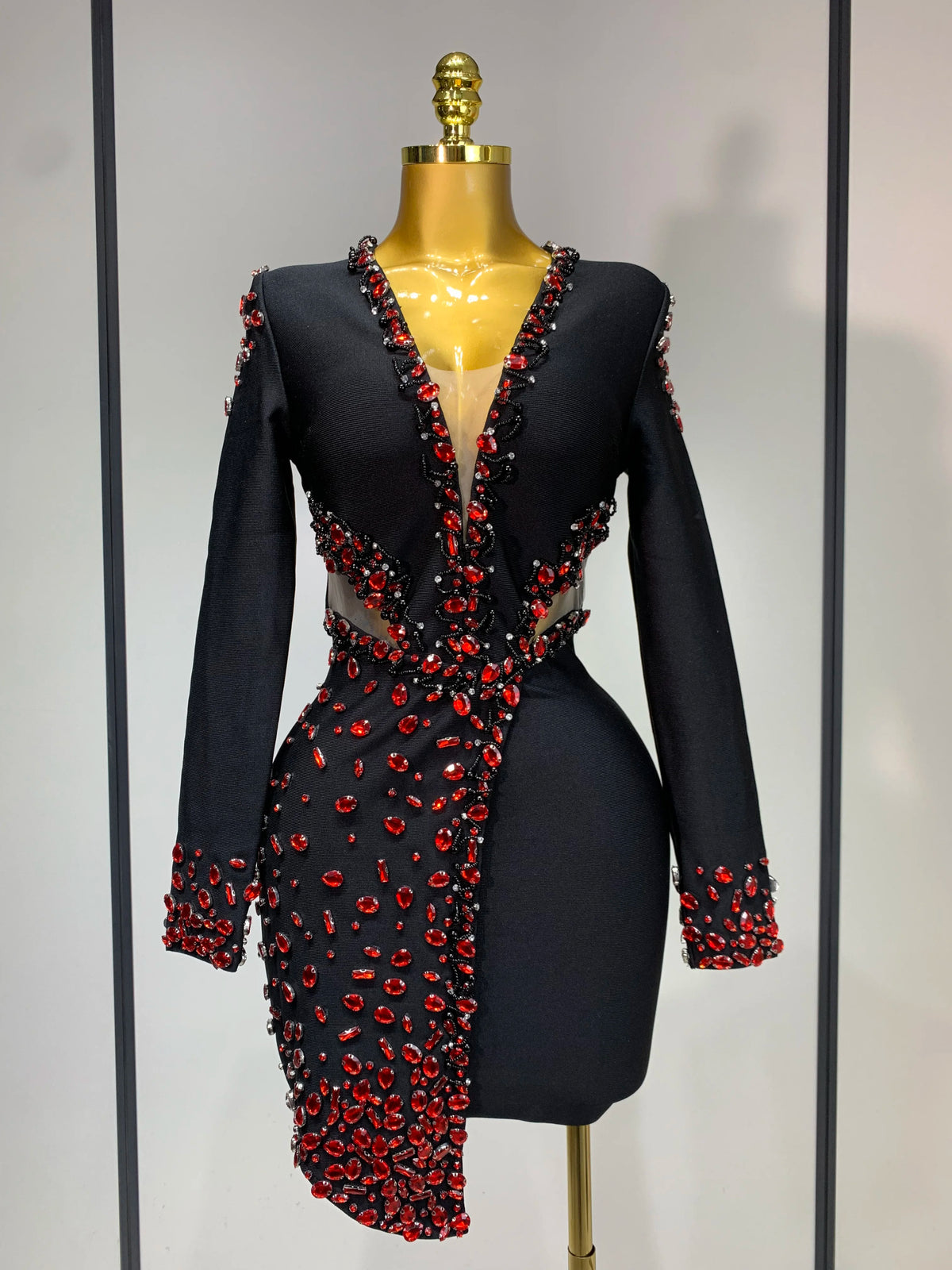 Women's Black Long Sleeve V-Neck Rhinestone Bandage Dress Luxegan