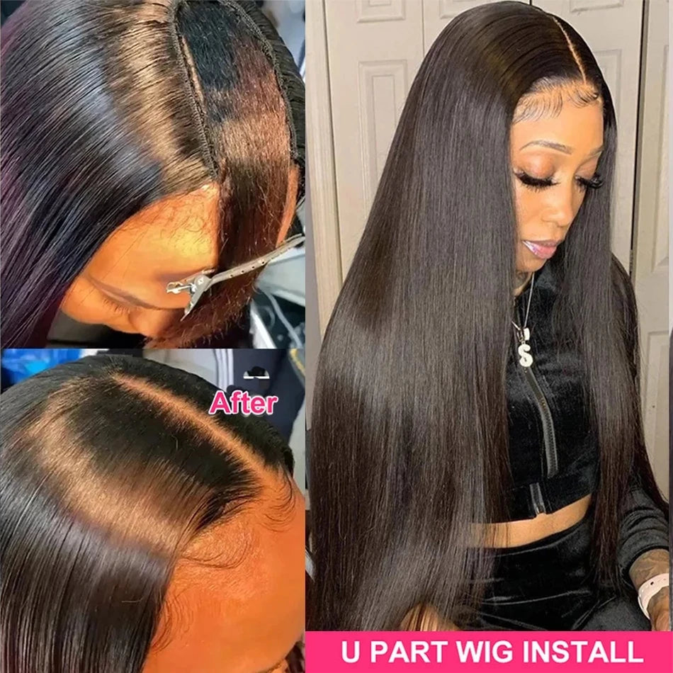 Sleek Straight U Part Human Hair Wig | Brazilian Remy Machine Made Glueless Wig for Black Women (No Shedding, No Tangle) Luxegan