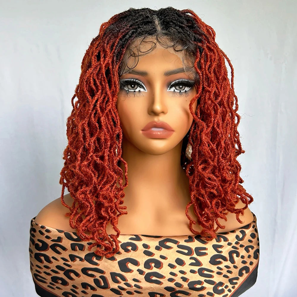 14" Copper Red Faux Locs Lace Front Wig | Short Twist Dreadlocks | Synthetic Braided Wig Luxegan