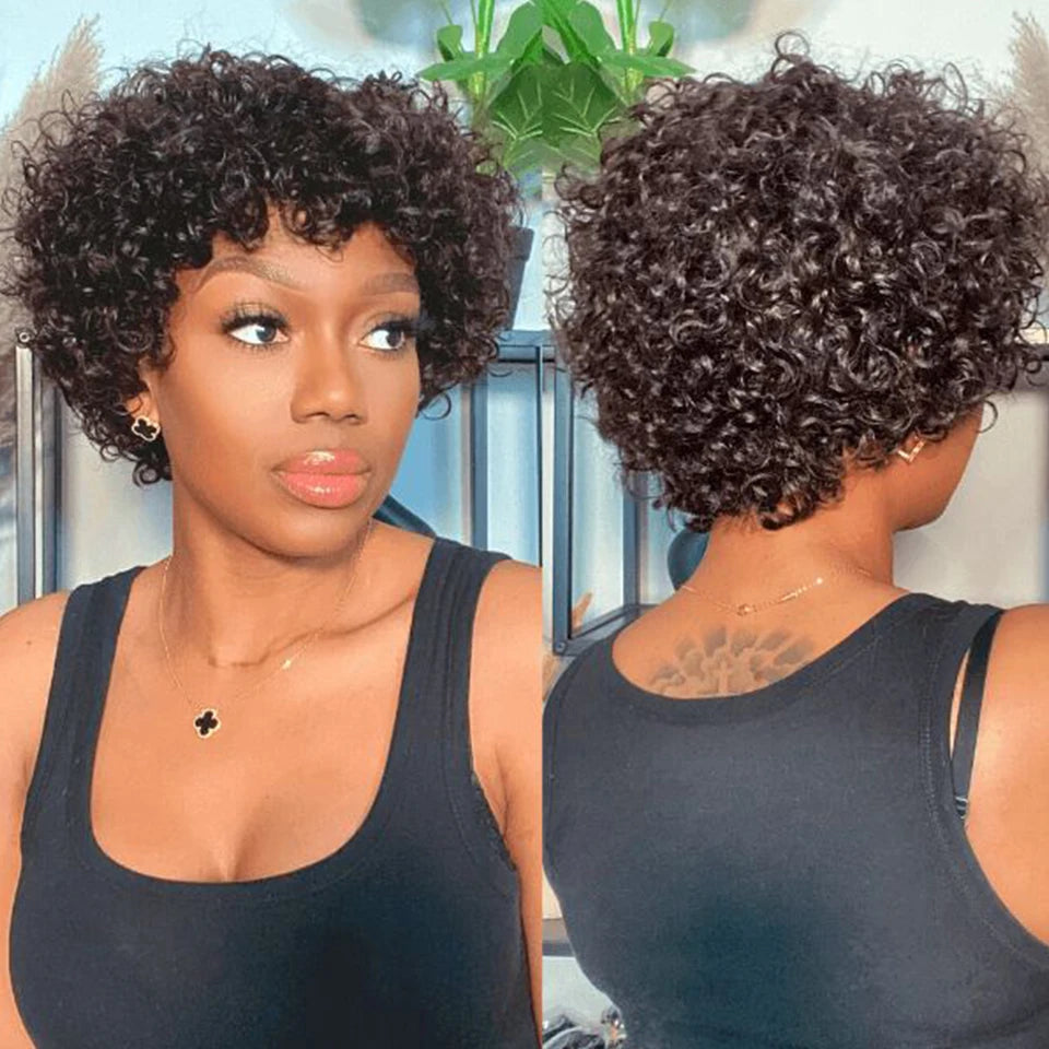 Sleek Peruvian Afro Kinky Curly Pixie Wig | Glueless Natural Brown Human Hair with Bangs Luxegan