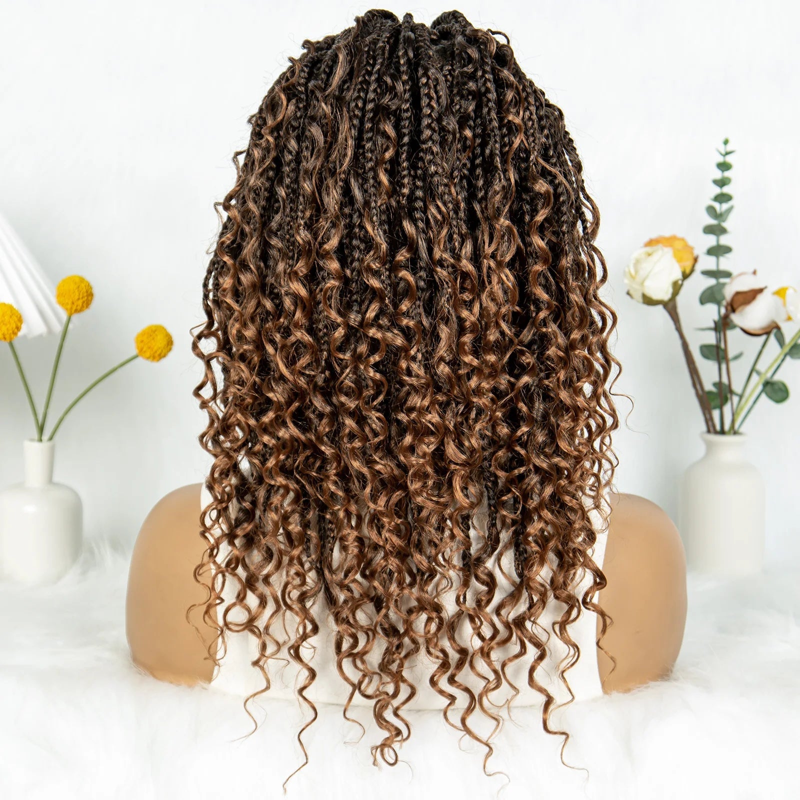 Short Bohemian Box Braids Wig | Full Lace | Curly Ends | Baby Hair | Synthetic Boho Wig Luxegan