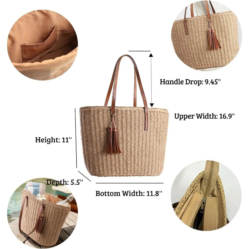 M-Size Travel Straw Tote | Handmade Woven Summer Shoulder Bag | Premium Straw Handbag with Soft Velvet Lining | Elegant Casual Beach & Shopping Tote Luxegan