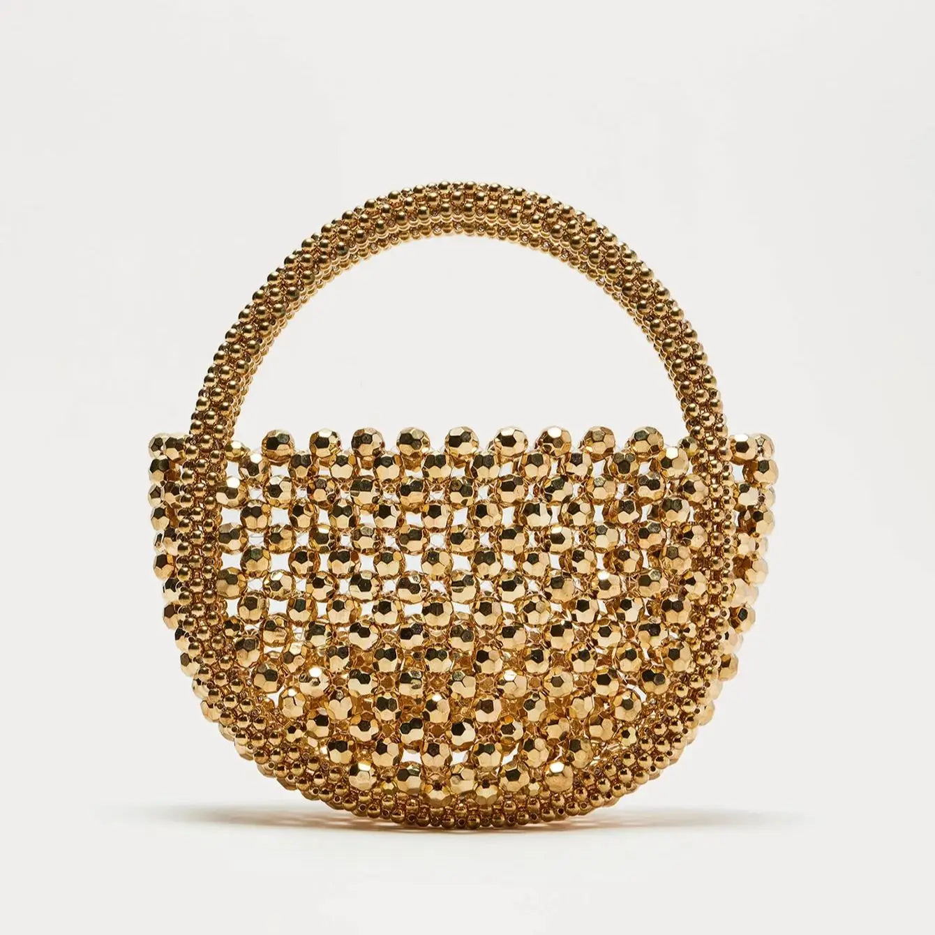Hollow Hand-Made Metal Sense Gold Beads Woven Handbag | Half-Round String Beads Pearl Bag Luxegan