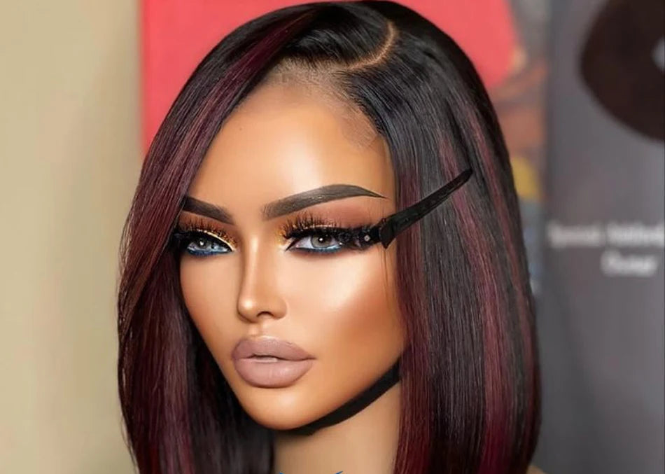 Burgundy Highlight Straight Bob Wig | 5.5x4.5 PU Silk Top Lace Closure Brazilian Human Hair (Glueless, Side Part) Luxegan
