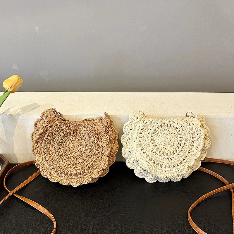 Vintage Woven Handbag | Round Summer Beach Bag & Crossbody Bag Luxegan