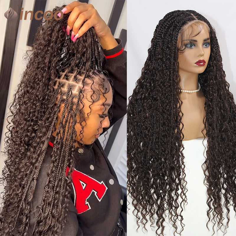 Boho Box Braided Wigs Curly Hair Synthetic Full Lace Front Wigs for Women Goddess Locs Braid Wig Burgundy Bohemian Box Braid Wig Luxegan