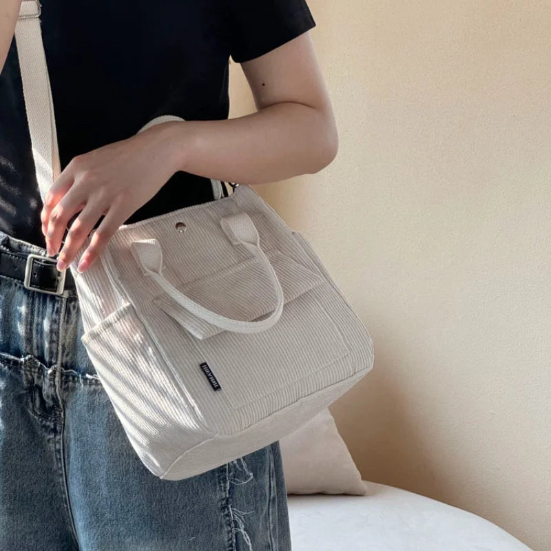Corduroy Fashion Shoulder Bags, College Style Multi Pocket Single Shoulder Handbag, Suitable for Commuting and Picnicking