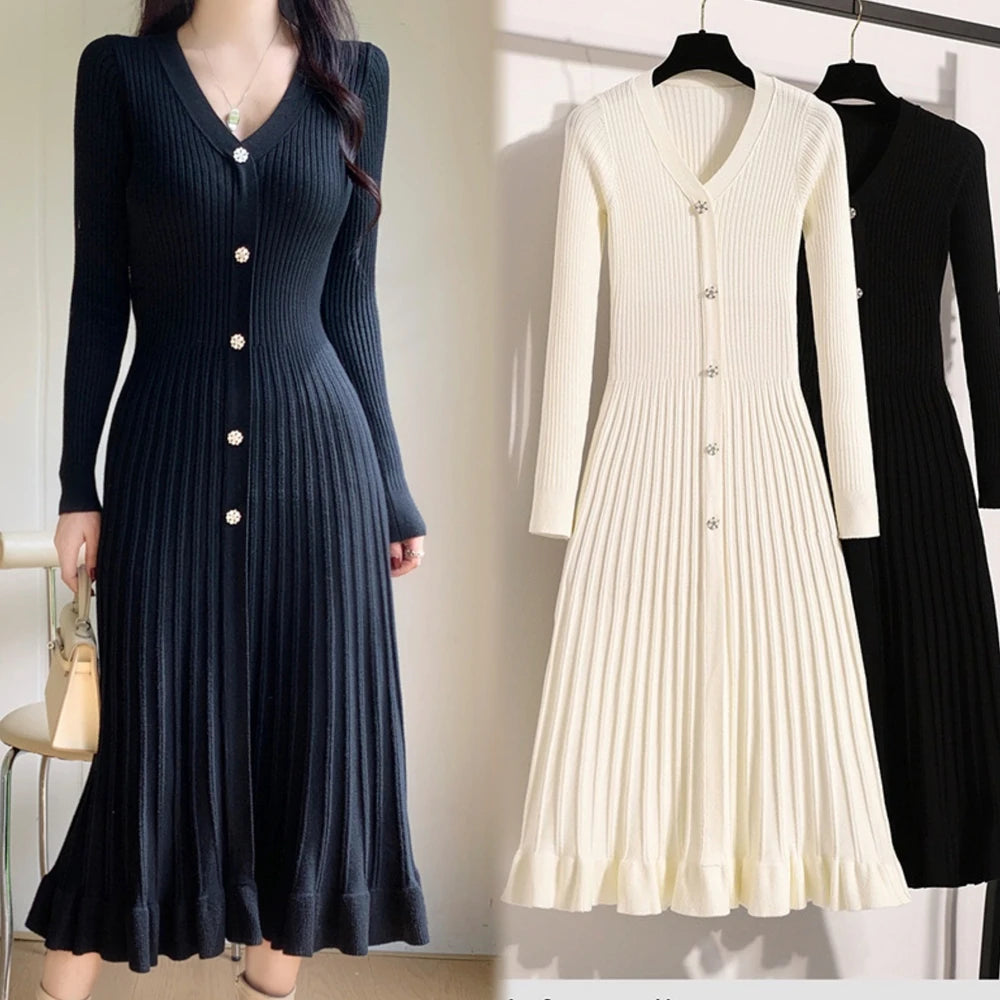 Autumn Winter V-Neck Knitted Long Dress | Sophisticated Slim Waist Pleated Sweater Gown | Elegant "Full Sleeve" Silhouette | "Dignified" Empire Waist A-Line Dress for Radiant Versatile Office & Winter Styling Luxegan