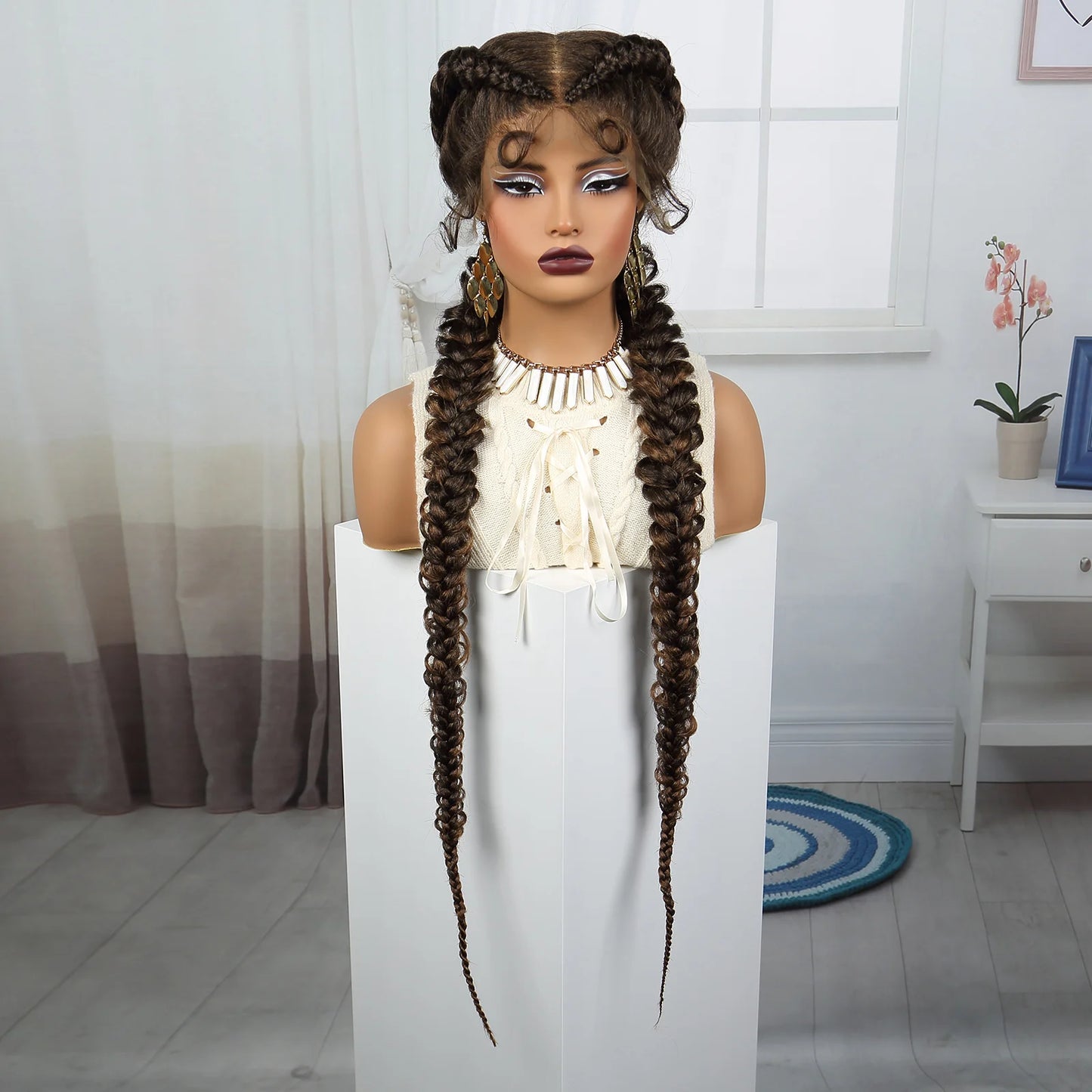 36" Burgundy Twist Cornrow Braids Wig | 99J | Lace Frontal | Baby Hair Luxegan