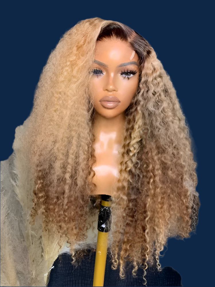 Ombre Honey Blonde Kinky Curly Lace Front Wig | Brown Roots | 13x6 Transparent Lace