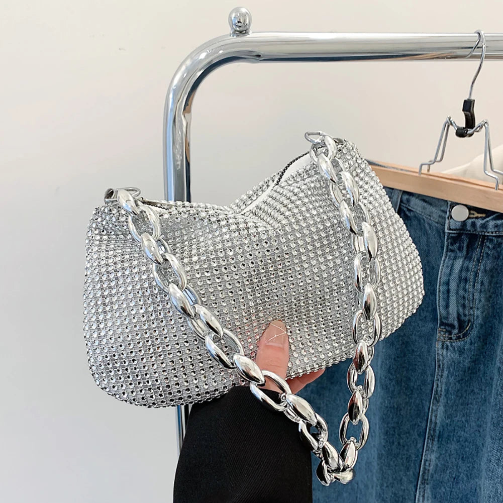 Bling Rhinestone Tote Bag | Soft Chain Shoulder & Handbag Luxegan