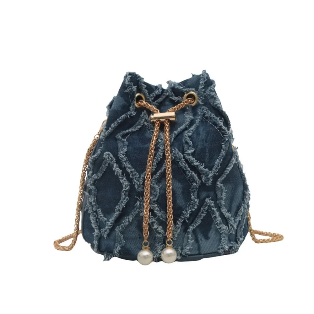 Portable Pearl Denim Bucket Bag | Chain Small Purse Tassel Denim Crossbody Bag | Korean Style Handbag Cloth Shoulder Bag (Casual Tote) Luxegan