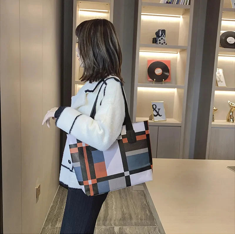 Large Capacity PU Leather Patchwork Tote | Soft Shoulder Shopping Bag Luxegan