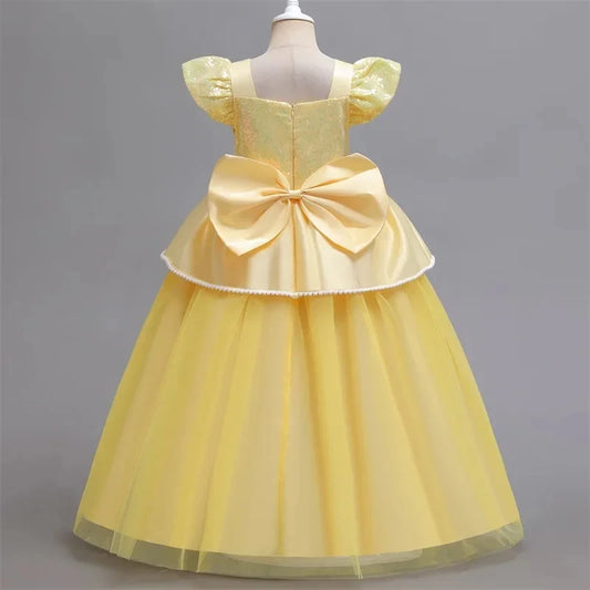 Deluxe Belle Princess Costume for Girls | Beauty and the Beast Inspired Mesh Party Dress | Elegant Square-Neck Sleeveless Mid-Calf Christmas Ball Gown with Accessories Luxegan